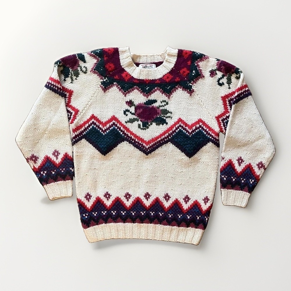 Talbots Sweater Womens Small White Wool Fair Isle Hand Knit Floral Crewneck